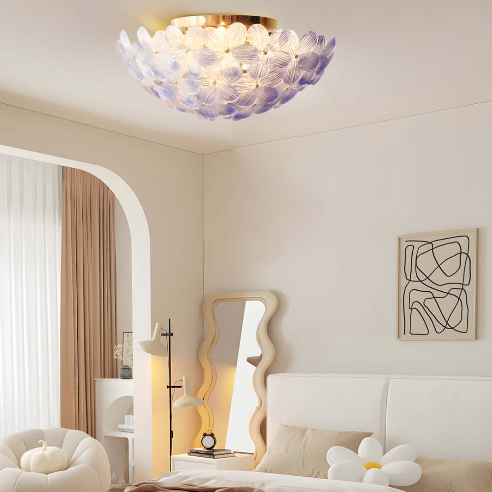Perfect for low ceilings, the Glass Semi Flush Mount Ceiling Light provides efficient lighting and a luxurious French petal aesthetic that enhances living rooms, foyers, and more.