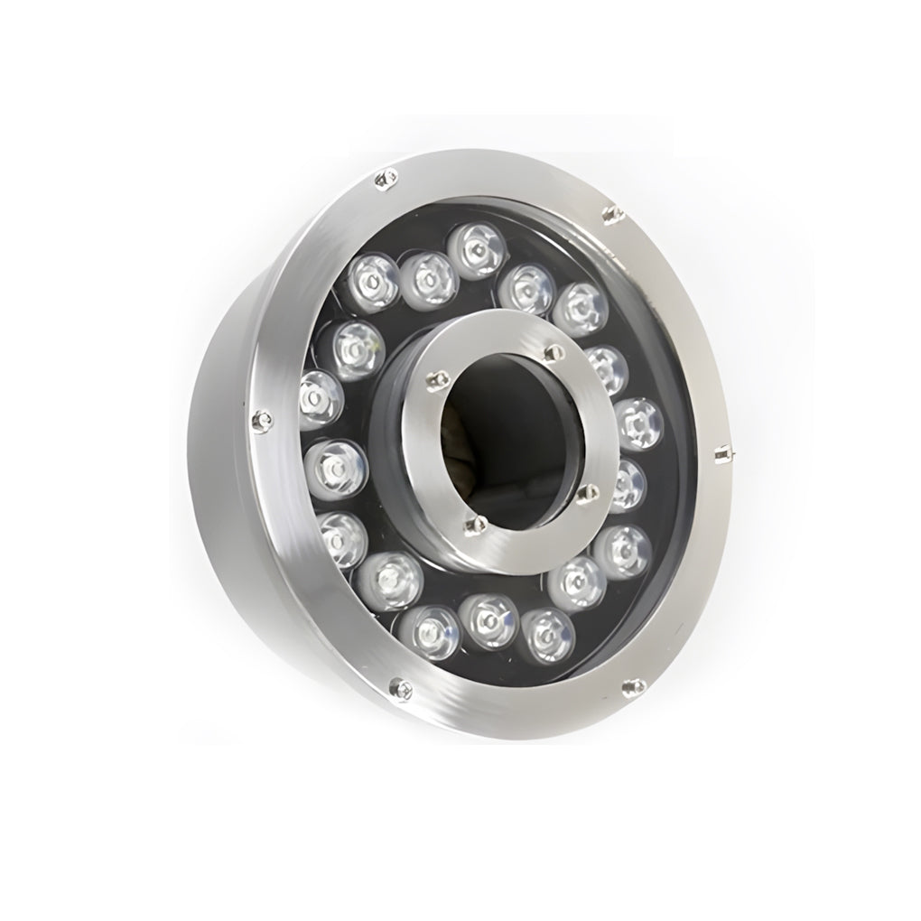 Top view of a stainless steel water fountain light featuring 16 LED bulbs for powerful and even outdoor lighting.