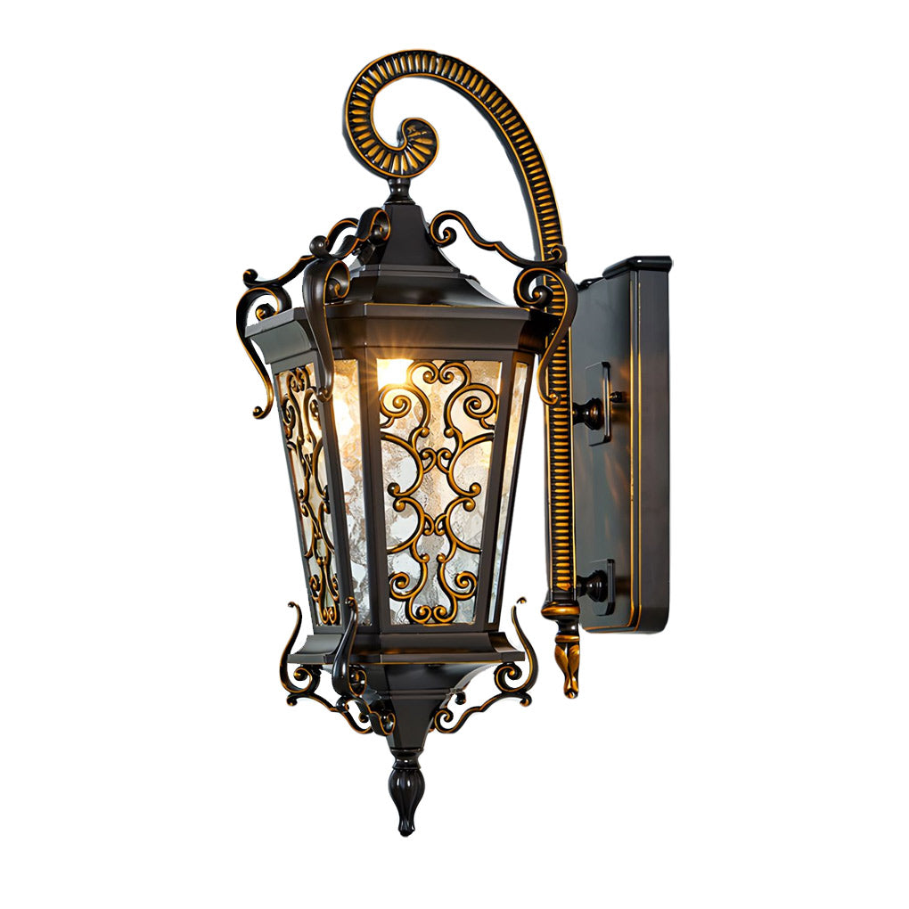 Traditional outdoor wall lantern with antique bronze finish mounted on stone facade.