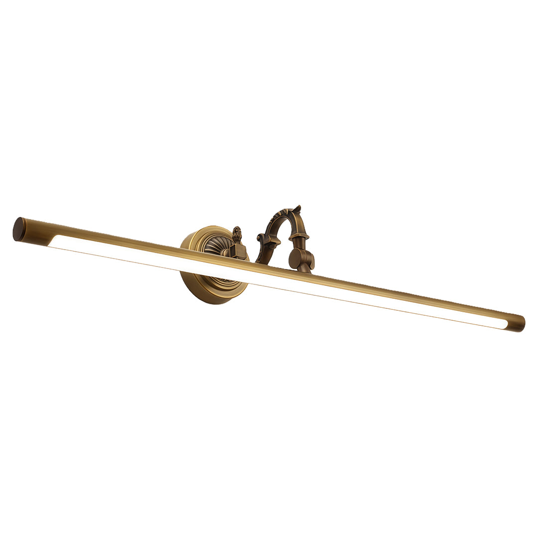 Traditional bathroom LED vanity light with ornate brass detailing and horizontal LED element.