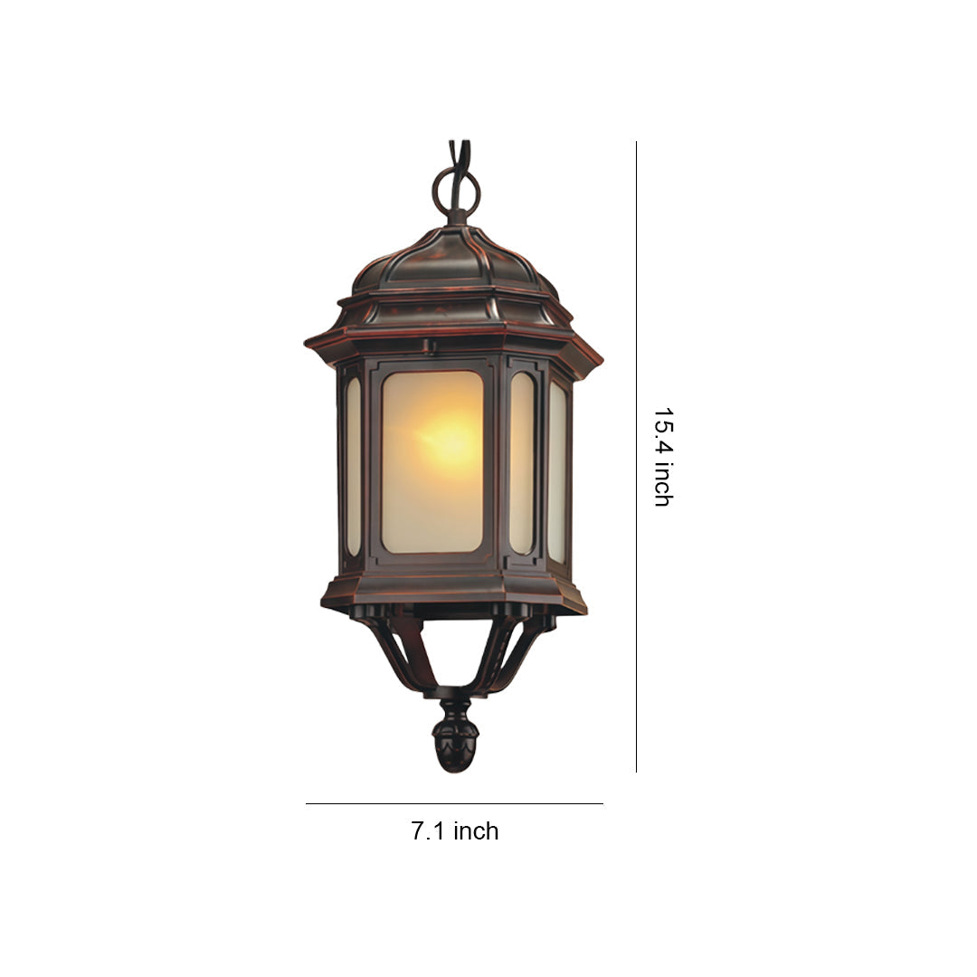 Traditional bollard LED light with frosted glass panels and ornate bronze finish, shown with height dimension reference