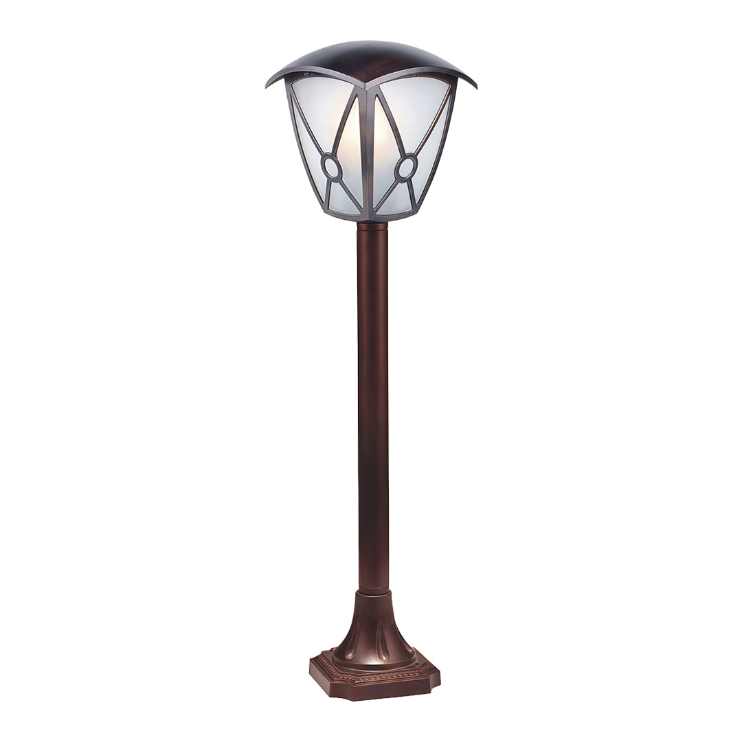 Traditional LED fence bollard light featuring geometric frosted glass lantern on dark metal post