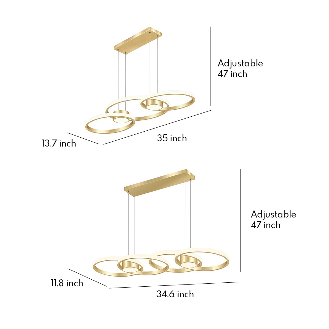 Elegant gold chandelier lamp with three interconnected rings, modern ceiling lighting design