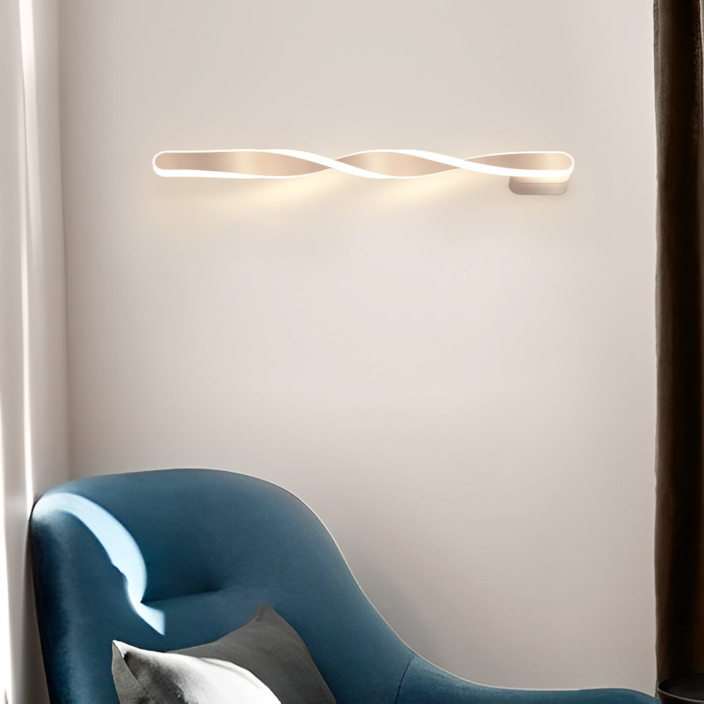 Twisted LED wall lights with a black finish, installed in a contemporary hallway.