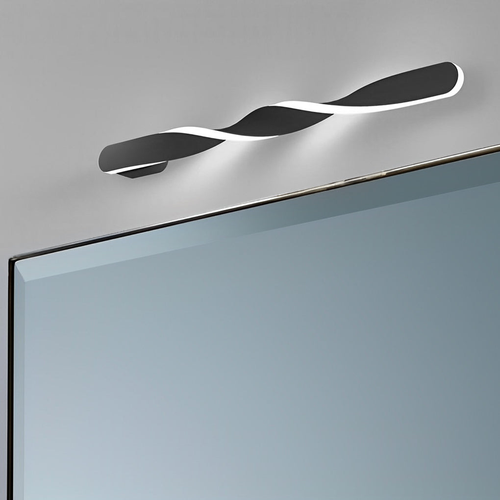 Twisted LED wall lights with a black finish, mounted above a modern sofa.