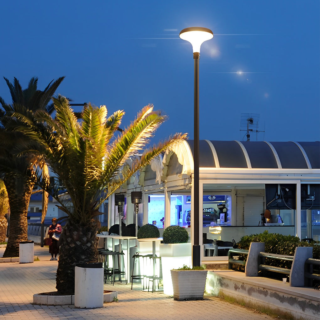 UFO solar street lights used in an outdoor commercial plaza area.