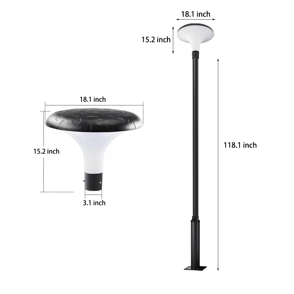 UFO solar street light with pole showing detailed dimensions diagram.