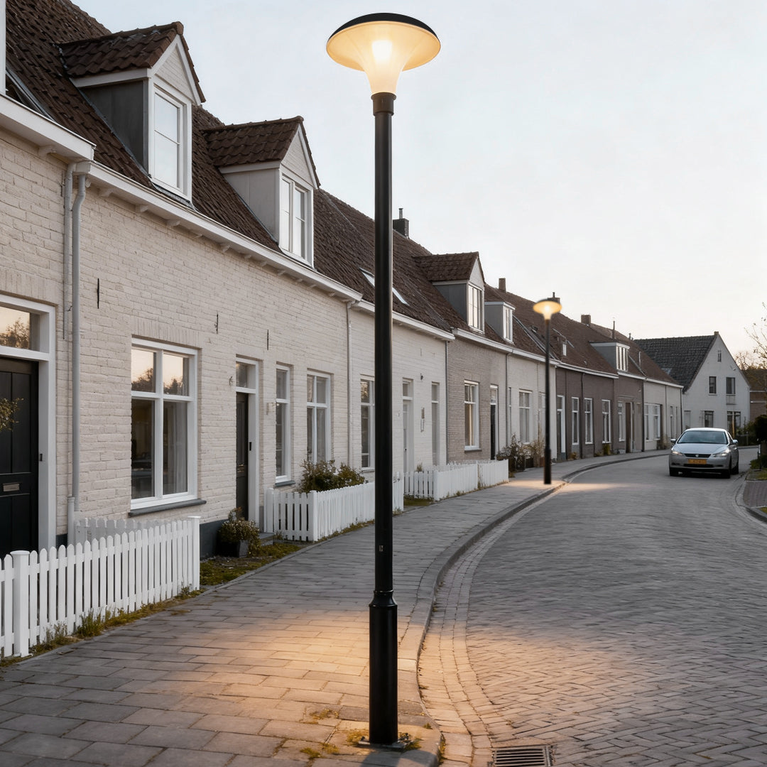 UFO solar street light installed along a residential cobblestone street during daytime.