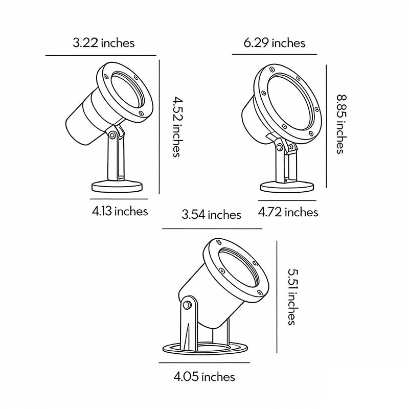 Stainless steel underwater spot lights with different sizes for versatile pool lighting.