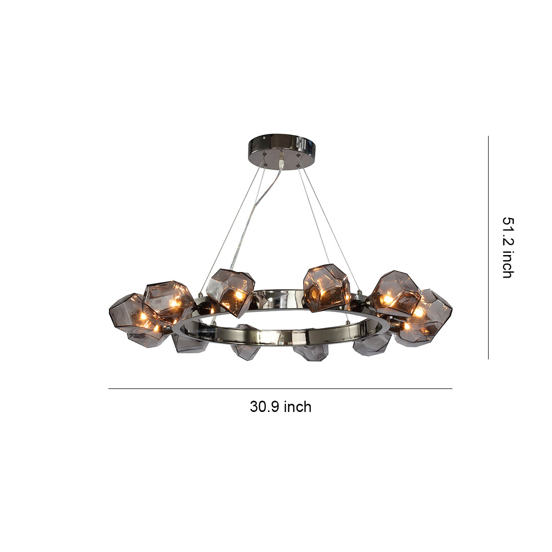 Dimensions graphic for the unique black round chandelier, detailing its 30.5-inch width and 51.2-inch maximum drop.