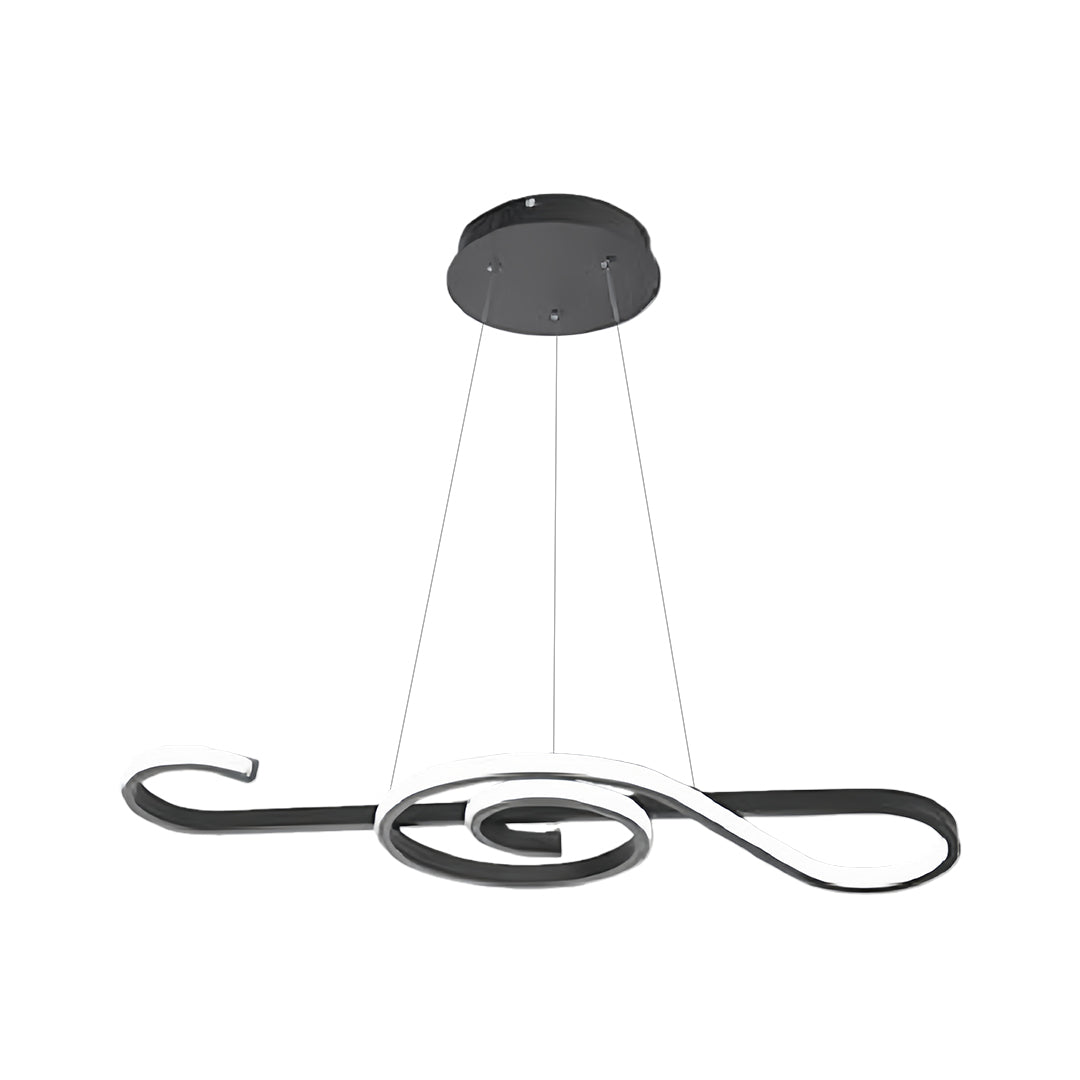 Unique large chandeliers with dimmable LED lighting feature a simple note design, creating elegant ambiance for spacious modern interiors.