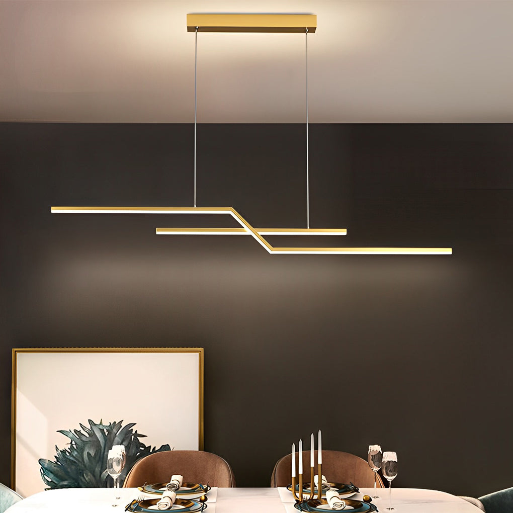 Unique pendant lighting featuring a geometric linear form in a dining area, creating a soft ambient glow against dark walls.