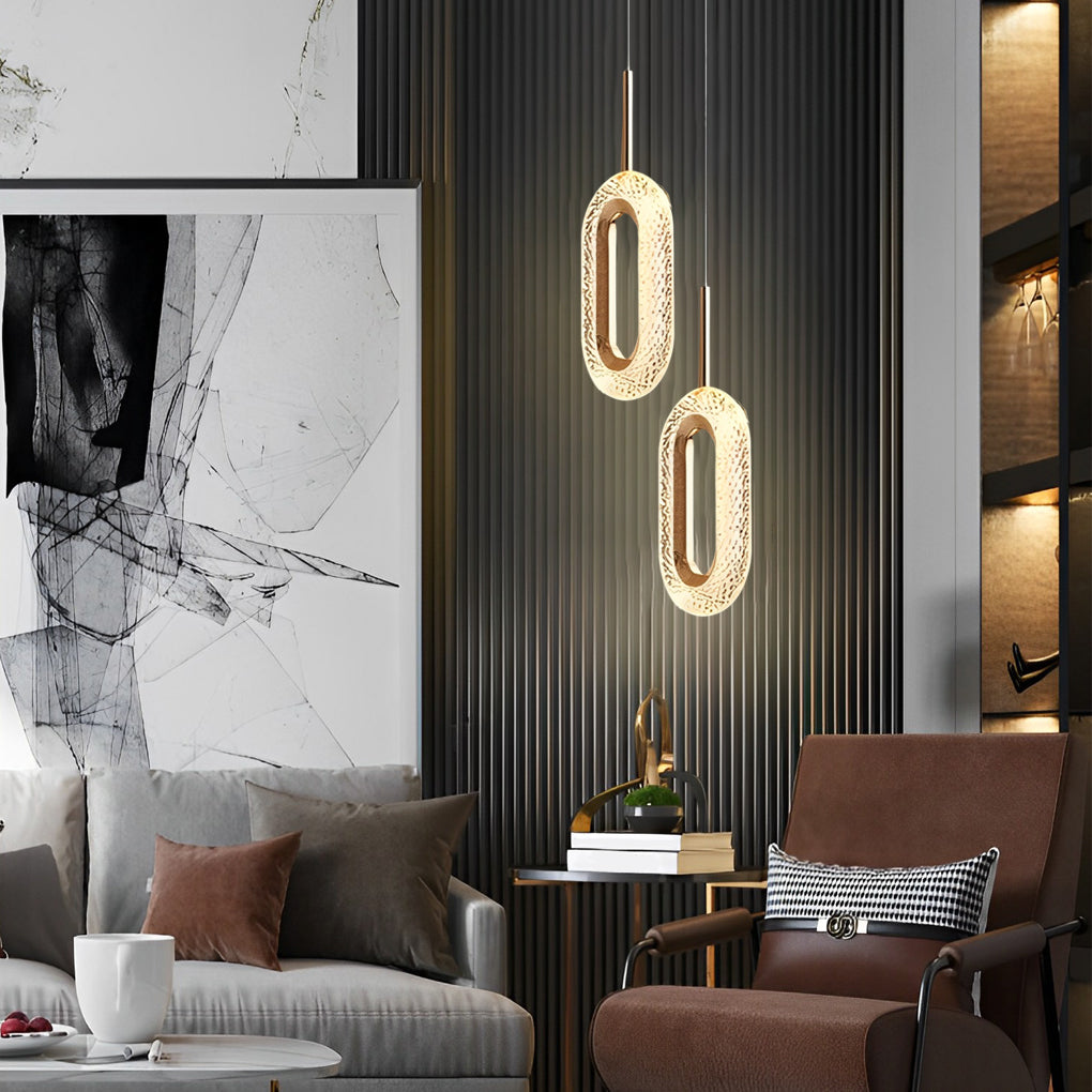 Modern unique pendant lights installed in a contemporary living room interior.