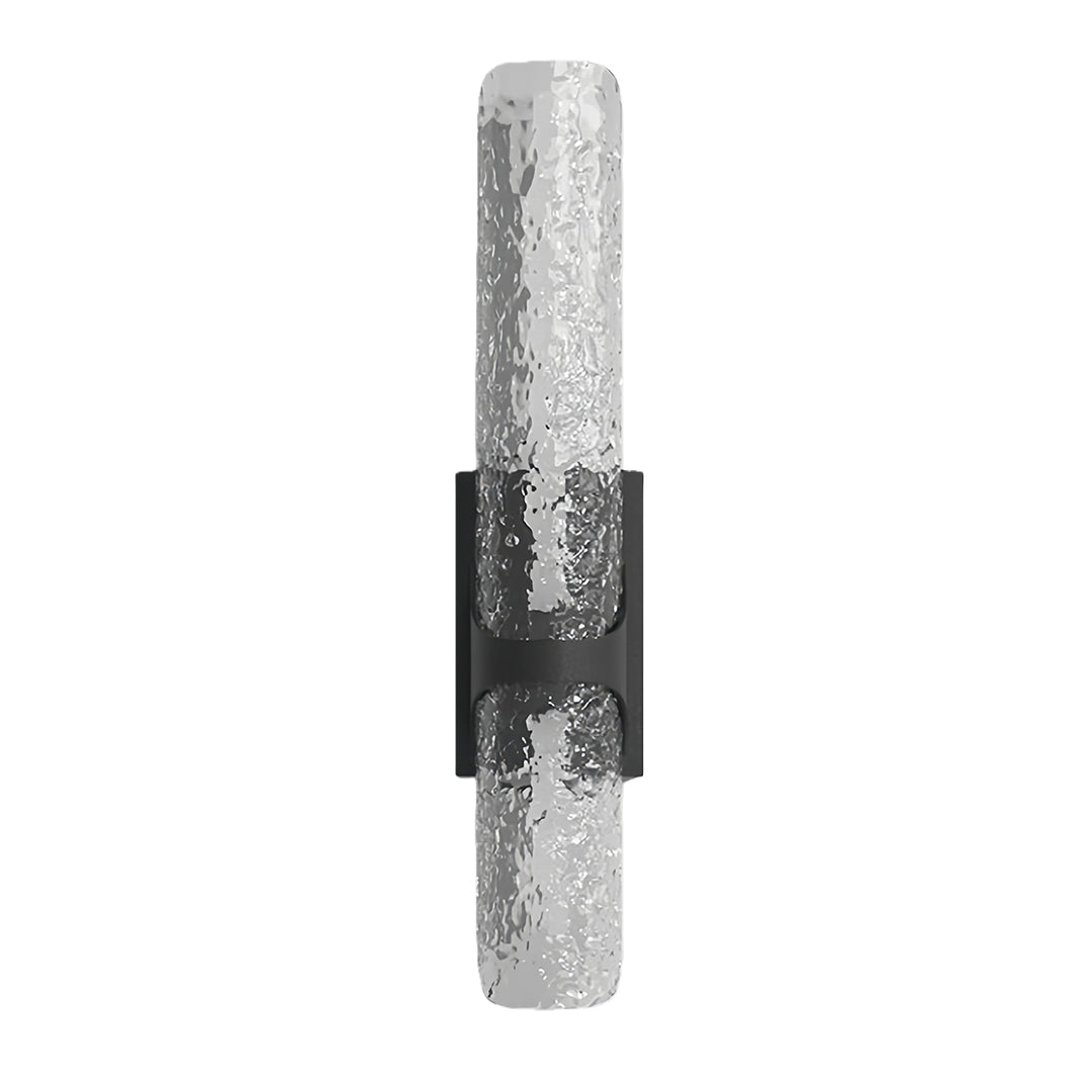 Unlit product view of the contemporary black outdoor wall lights showcasing the textured ice glass shade.
