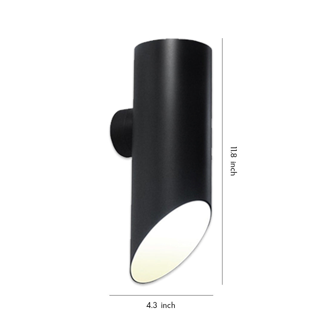 Modern black cylindrical up and down wall lights with minimalist outdoor design against a clean background.