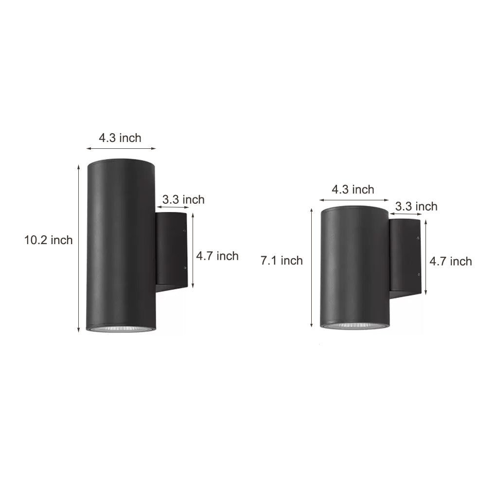 Up down light wall fixture in a matte black cylindrical design, showing dual light output and compact dimensions on a white background.
