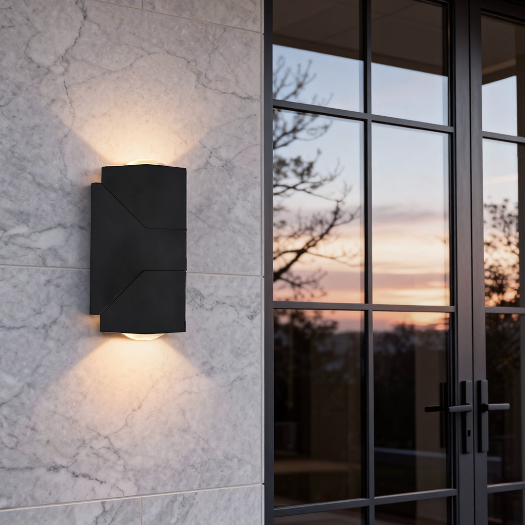 Close up of up down sconce outdoor with motion sensor and sleek black finish for modern security lighting.
