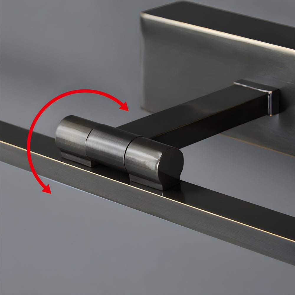 Close up of adjustable joint detail on vanity LED lights for mirror, showing flexible rotation for precise lighting direction.
