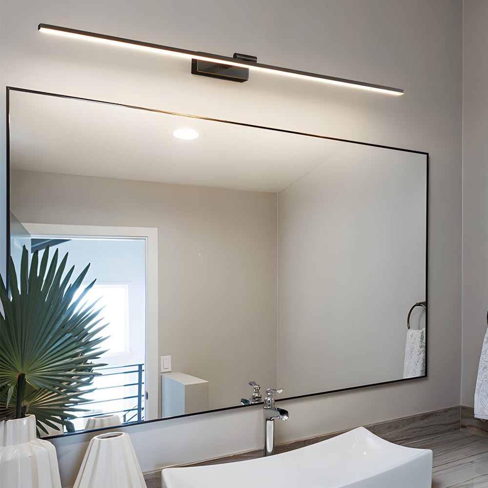 Large bathroom mirror framed by sleek black vanity LED lights for mirror, offering bright and uniform lighting for daily grooming tasks.