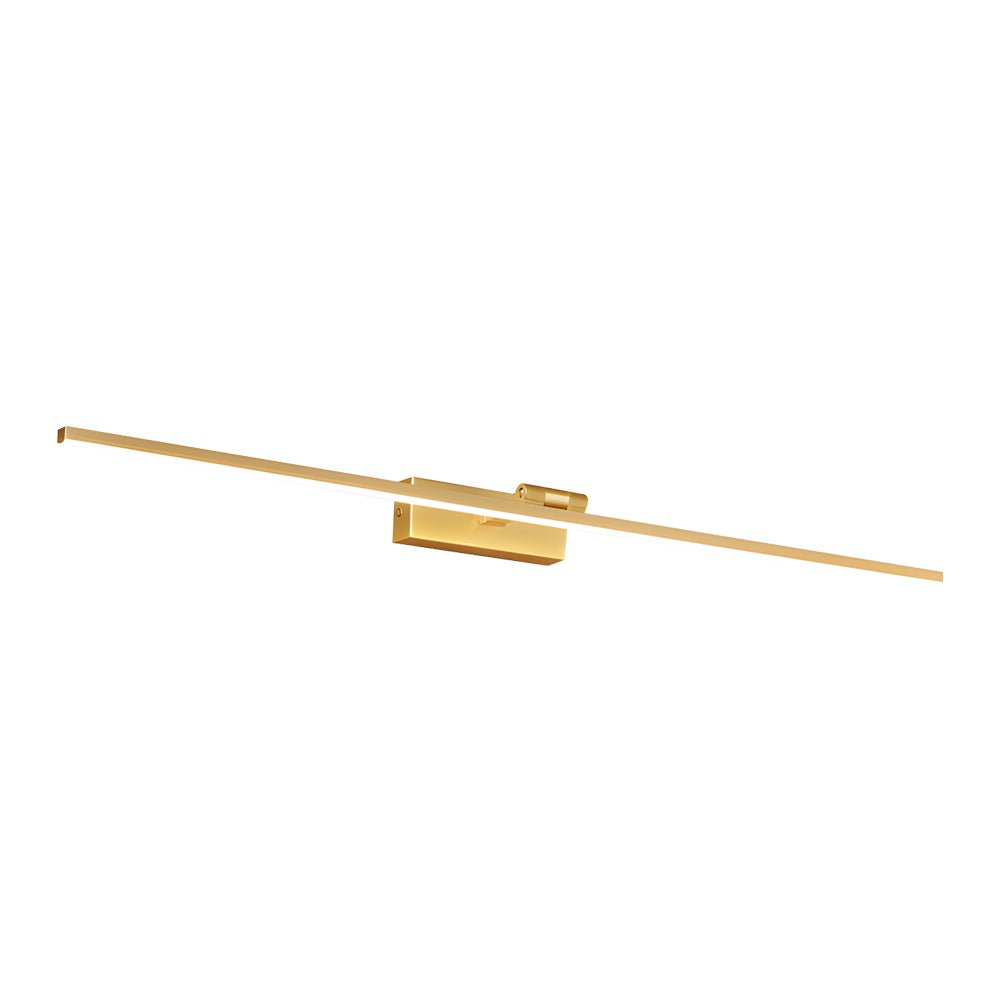 Studio image of gold linear vanity LED lights for mirror, highlighting minimalist design and clean lines against a white background.
