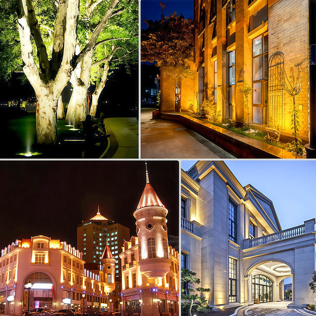 Collage demonstrating versatile uses of warm white architectural flood lights for trees, building facades, and city landmarks.