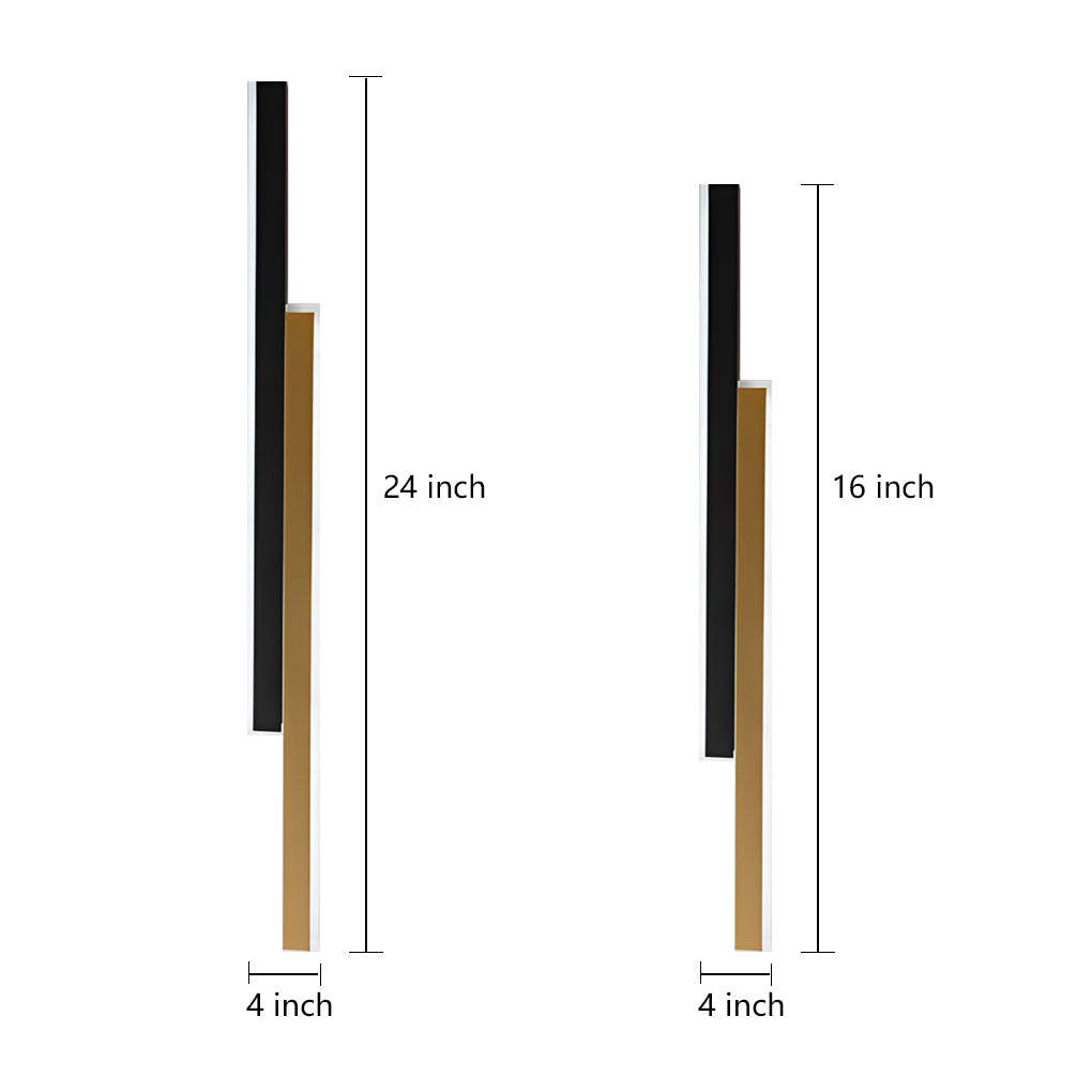 Set of two vertical wall lights in 24-inch and 16-inch heights with 4-inch width, black and gold finish.