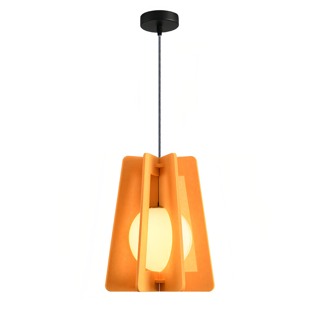 Vibrant orange felt fun pendant lights showcasing the layered, sculptural shade and visible white inner globe.