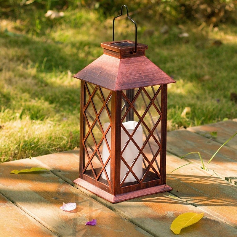 Vintage garden lanterns illuminating a lawn with a warm and inviting ambiance.