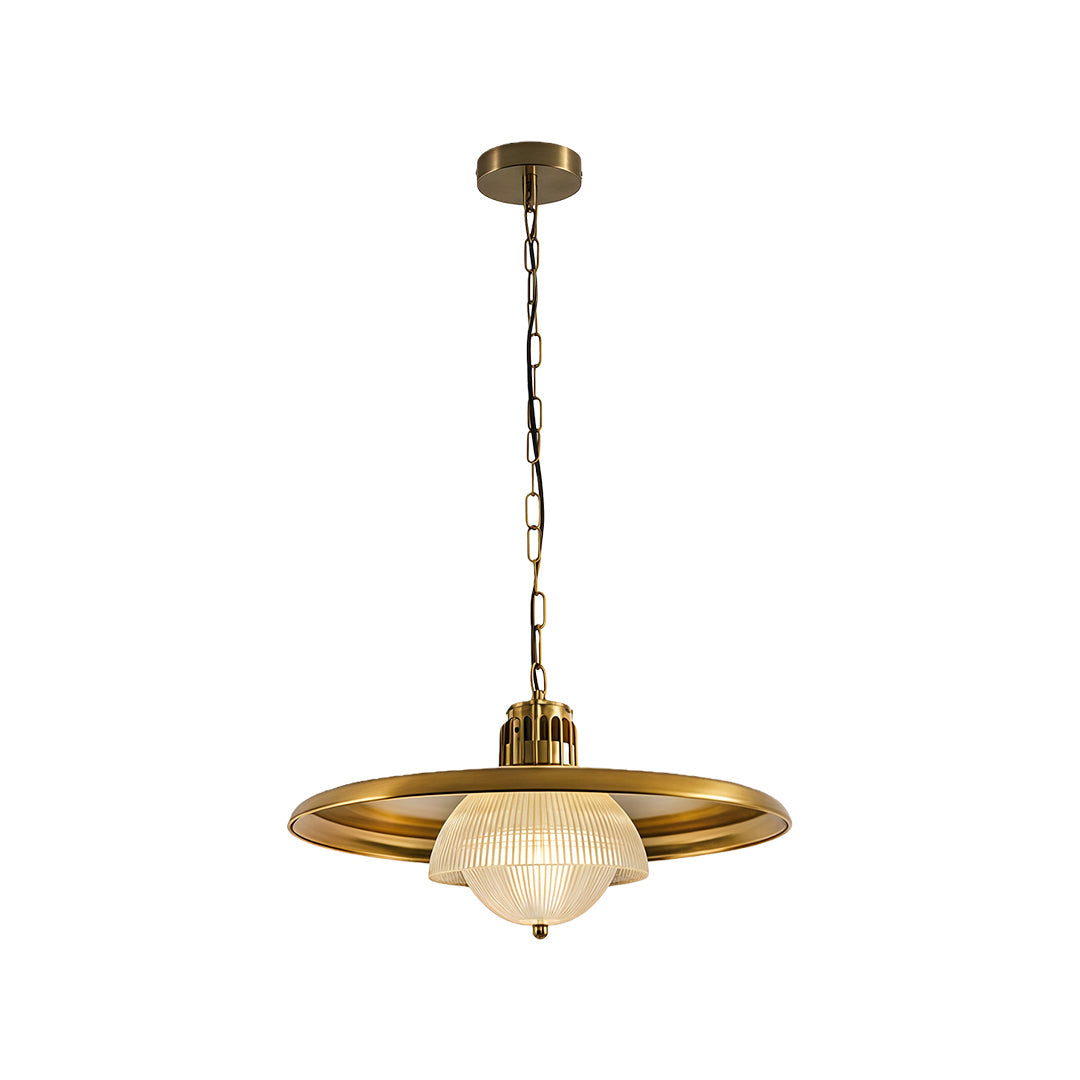 Vintage iron pendant light fixture featuring ornate brass canopy with textured glass bowl shade design