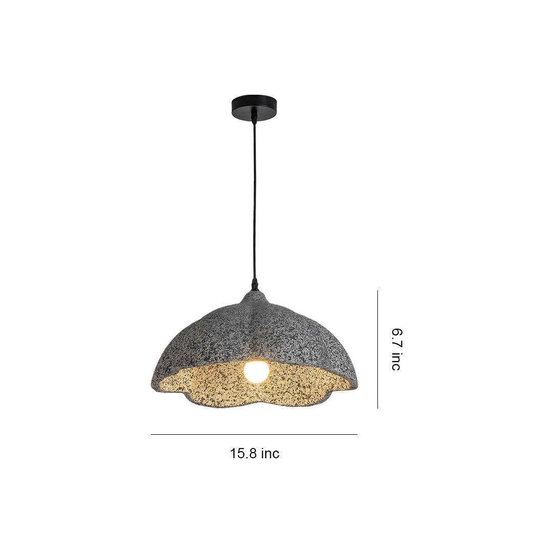 Vintage metal pendant light with rustic textured surface and scalloped edge design, classic industrial look.