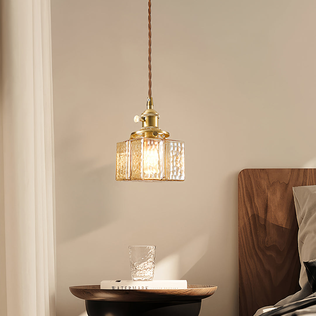 Vintage square glass pendant light with fluted texture and antique brass finish for traditional decor.