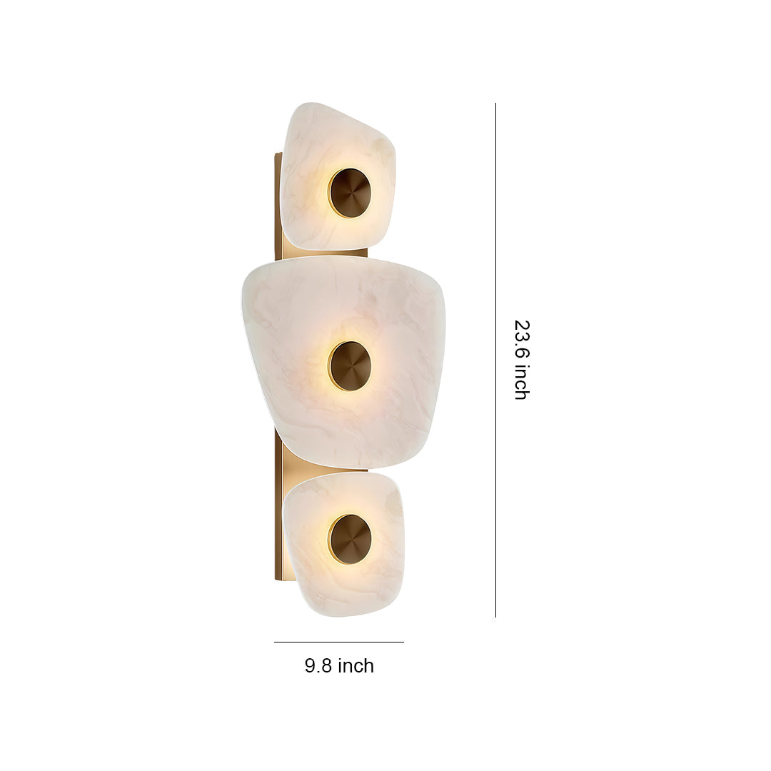Wall art lighted with glass shade chandelier inspired design featuring three organic sculptural forms with integrated LED ring illumination.