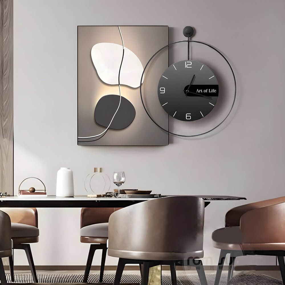 Wall clock light with a close-up view of its geometric design and integrated lighting.