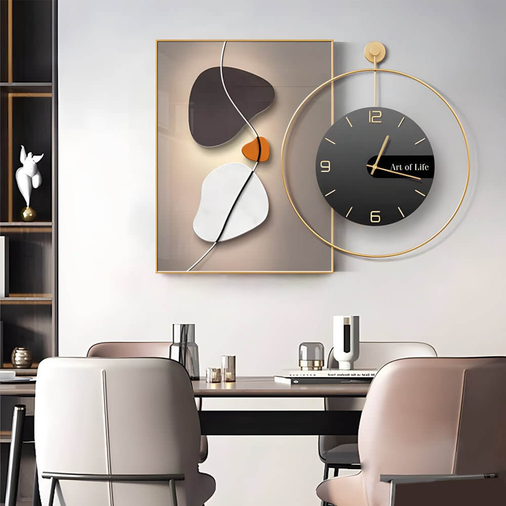 Wall clock light in a modern dining room, showcasing its artistic and functional design.