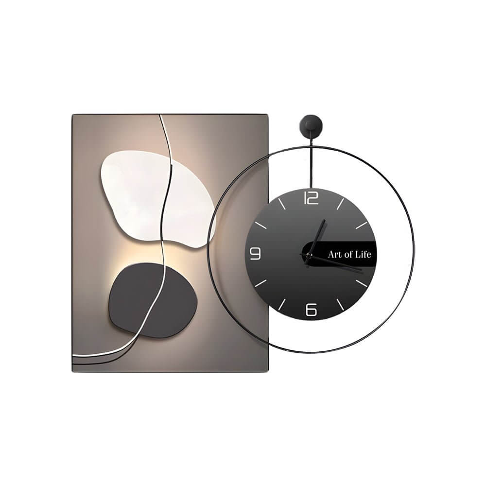 Wall clock light with orange and white abstract shapes, highlighting its modern aesthetic.