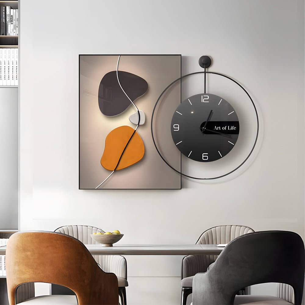 Wall clock light enhancing a stylish dining area with wooden chairs and a white table.
