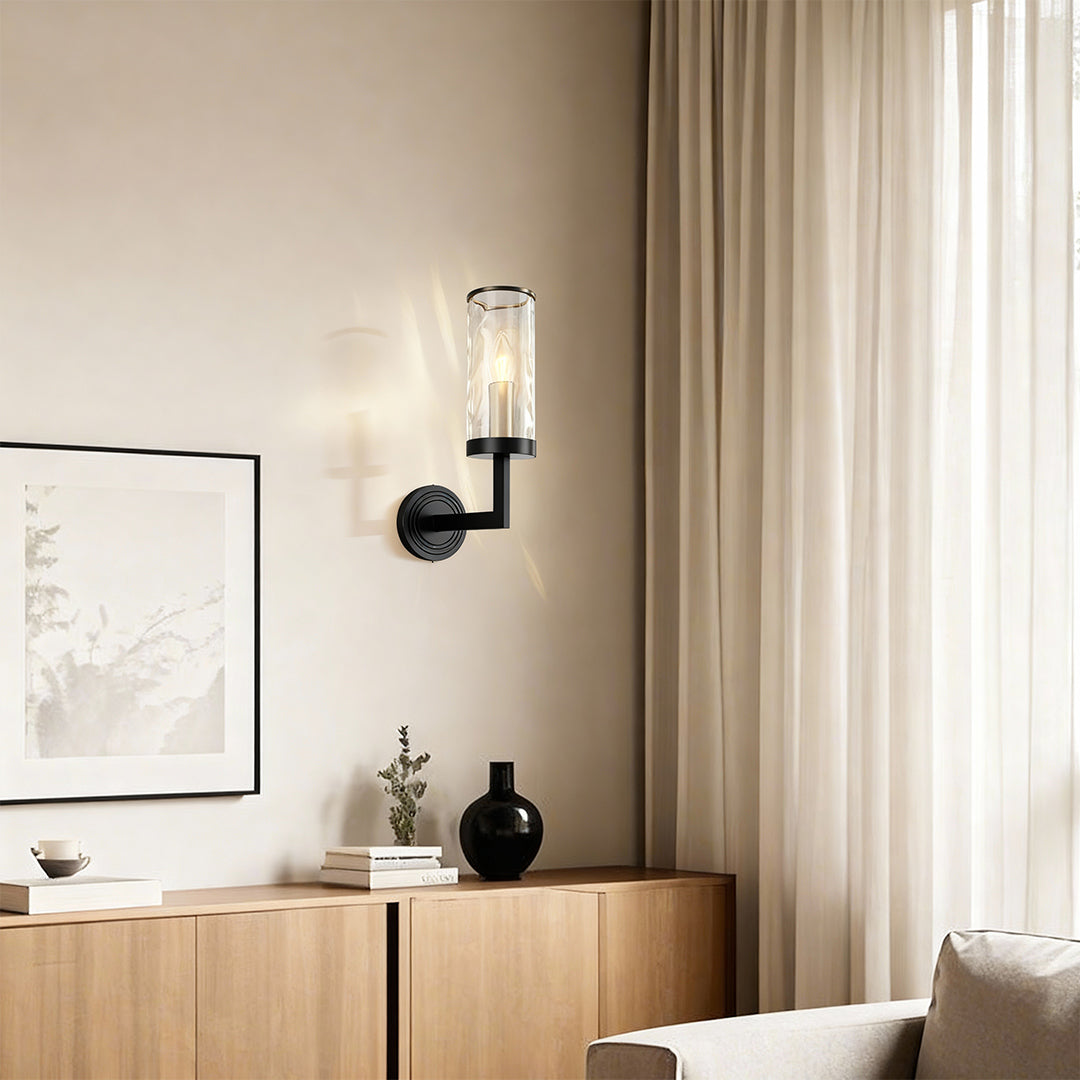 Modern luxury chandeliers style wall glass light above console with minimalist decor.