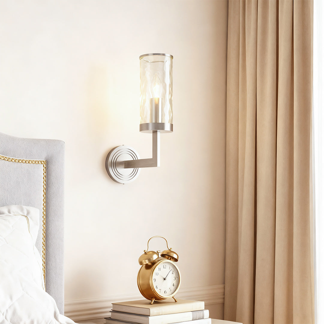 Modern luxury chandeliers inspired wall glass light beside mirror in elegant vanity area.