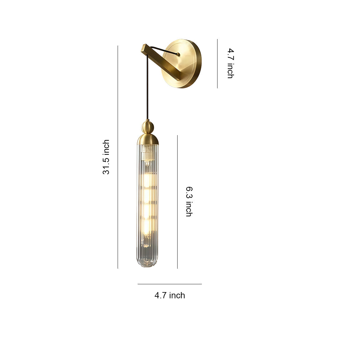 Wall mount pendant light with glass shade chandelier inspired design in gold finish with textured cylindrical glass shade and dimensions.