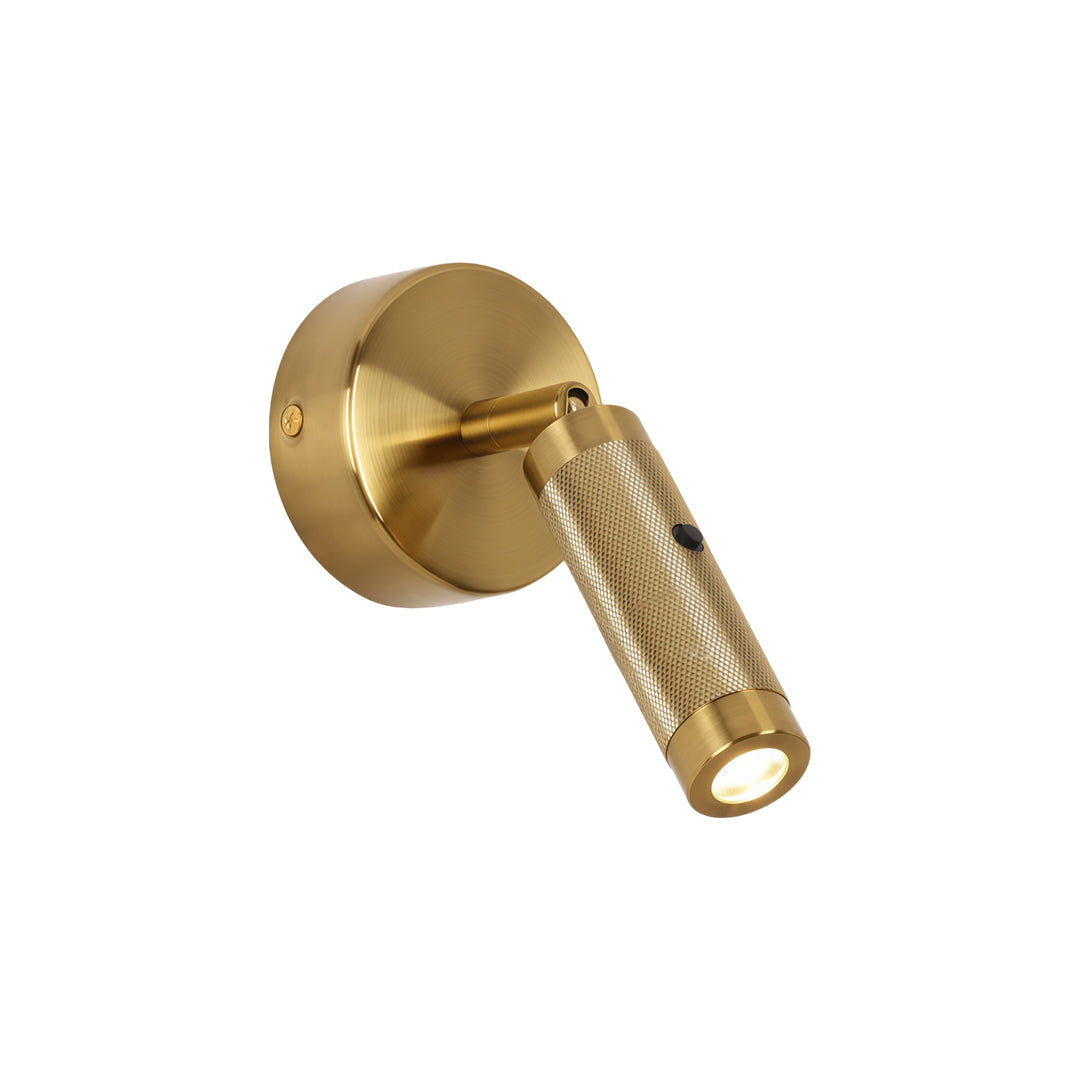 Modern gold wall mount reading light with adjustable spotlight and circular brushed metal backplate.