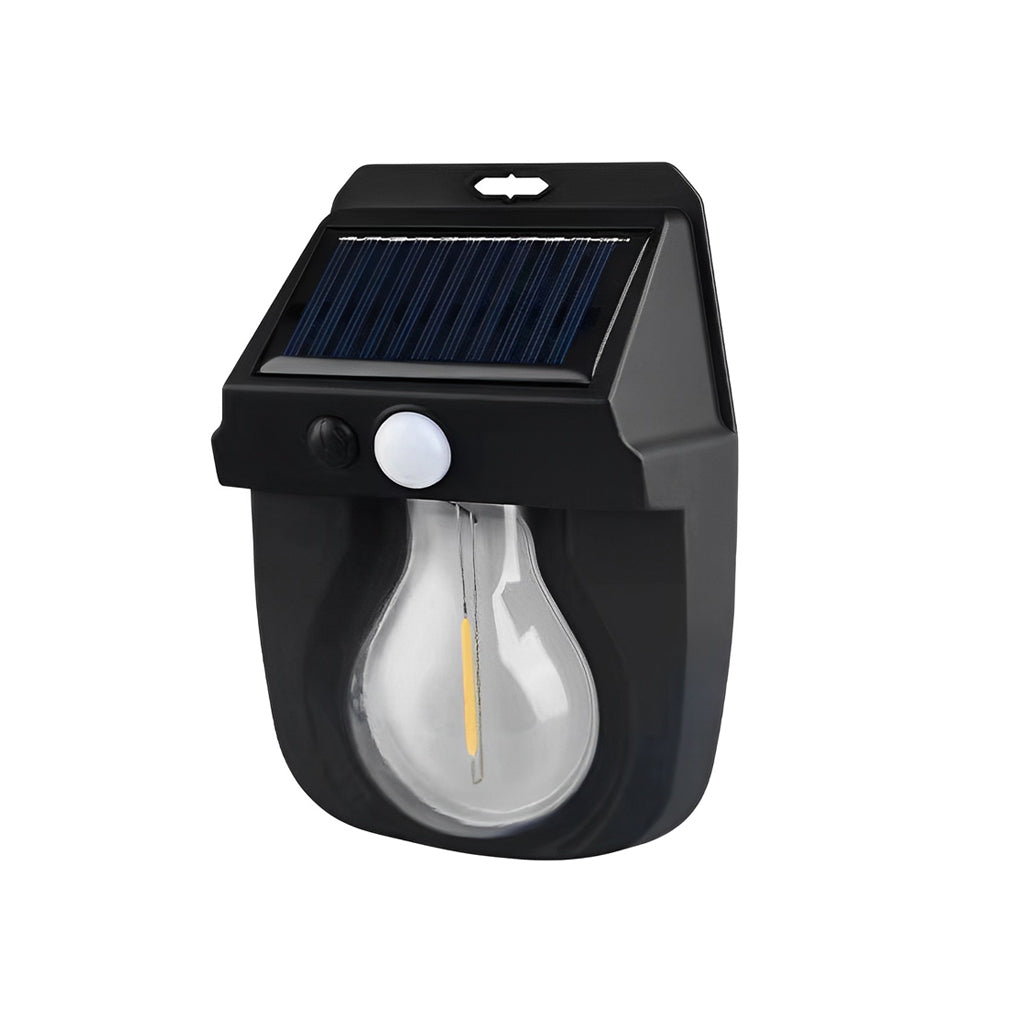 Wall mount solar lantern with a black frame and warm light for exterior walls.