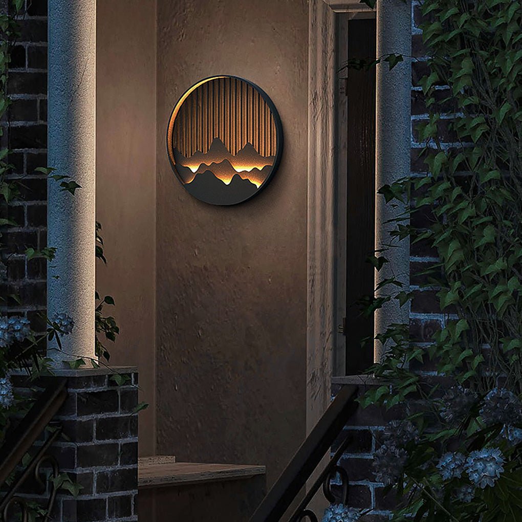 Wall mountain light enhancing a minimalist outdoor space with mountain design.