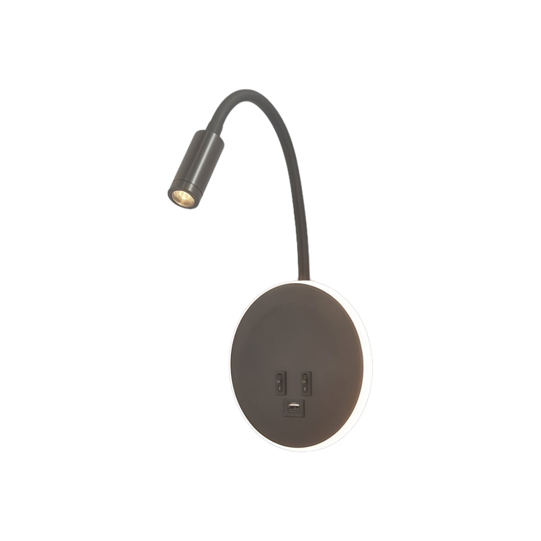 Elegant dark bronze wall mounted bedside light with adjustable gooseneck reading spotlight design.