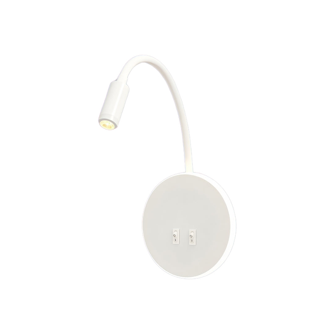 Minimalist white wall mounted bedside light featuring flexible spotlight arm and integrated USB ports.