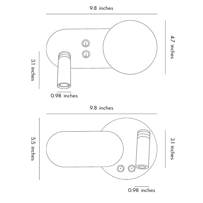 Dimension drawing of wall mounted bedside reading light showing size measurements for wall installation.