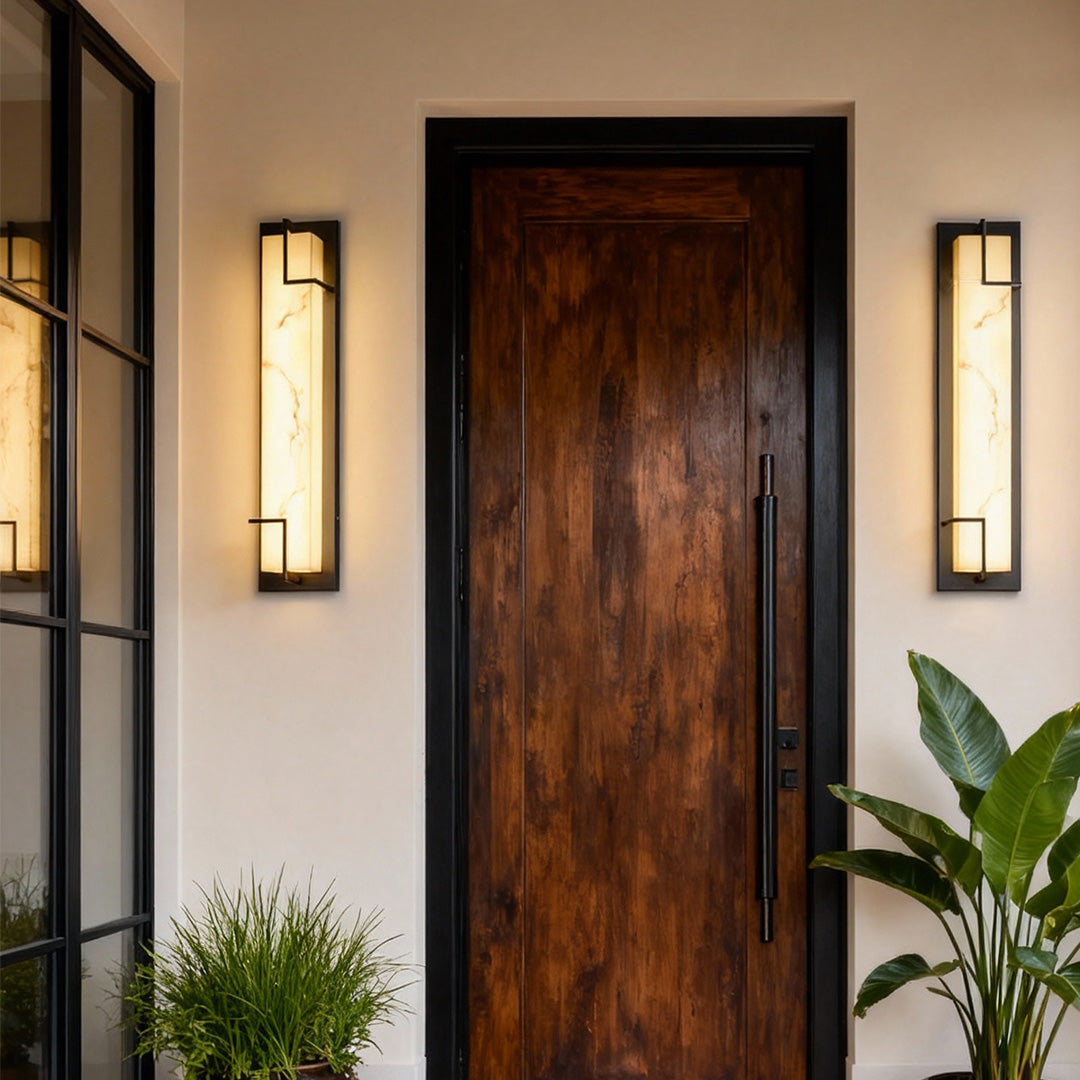 Wall mounted exterior lights with geometric black frame provide stylish outdoor illumination for porches, patios, and pathways.