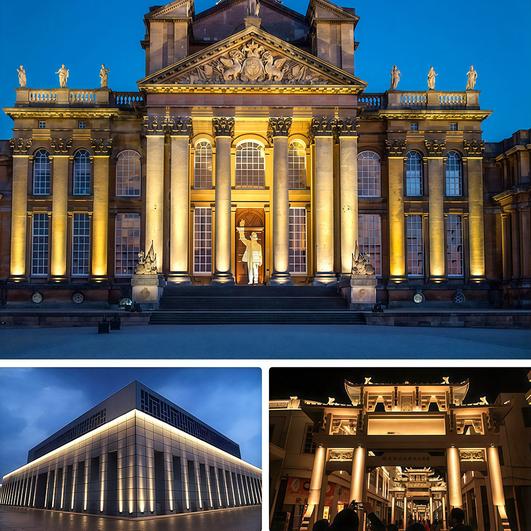 Examples of warm-toned architectural flood lights enhancing the details of a classic palace and modern structures.