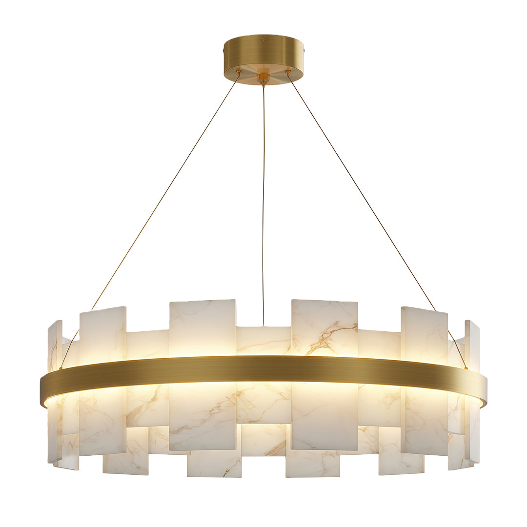 Copper modern chandelier with warm brass and staggered frosted glass panel configuration
