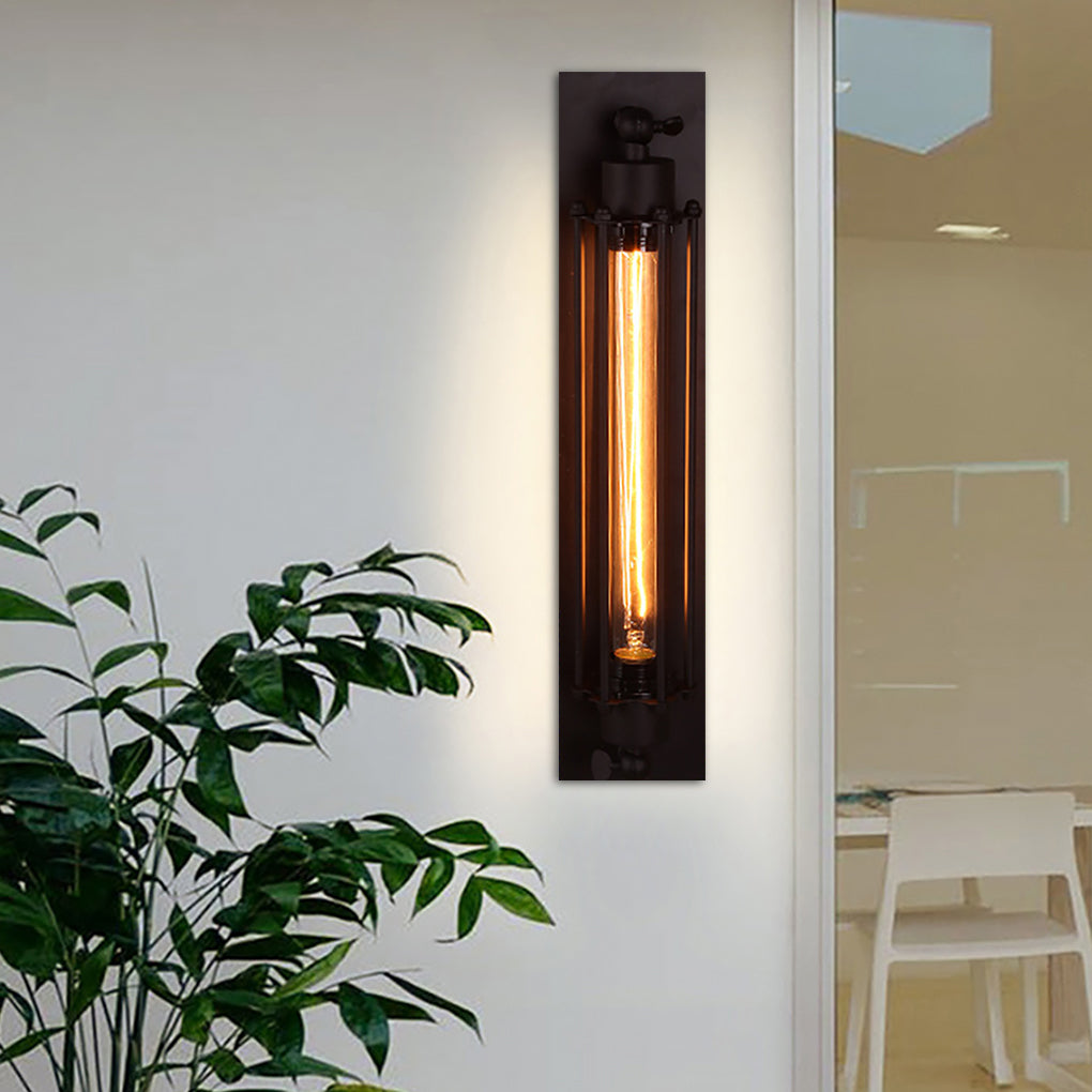 Vintage industrial wall sconce with warm Edison bulb, mounted on white wall for minimalist and retro ambiance.