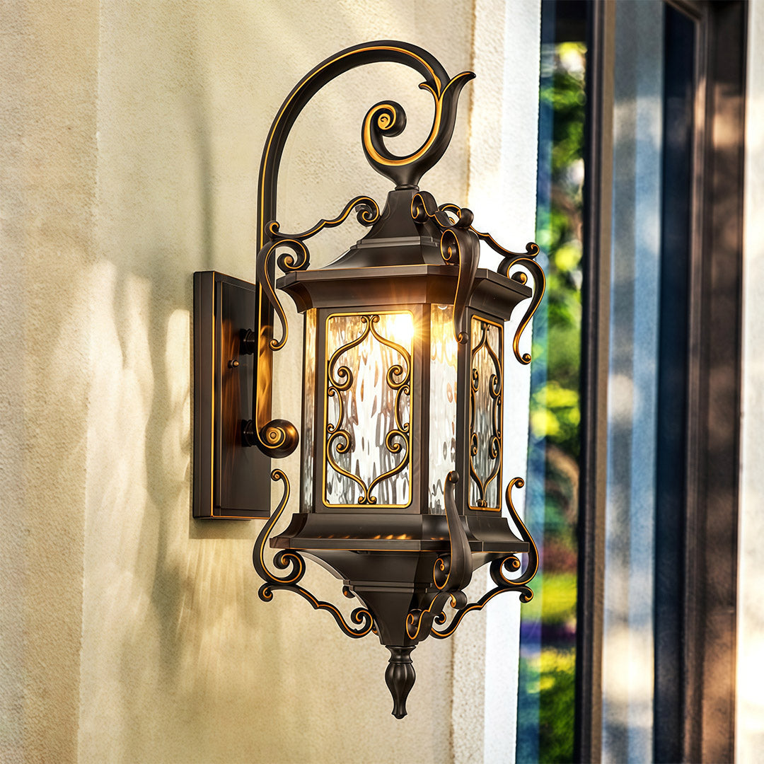 Outdoor wall sconce lights illuminating exterior wall with warm and inviting glow.